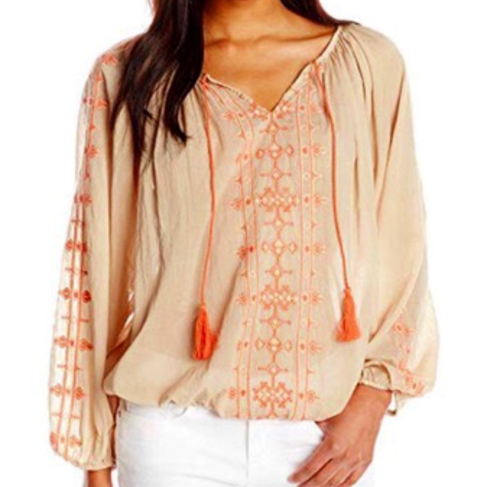 Lucky Brand tan linen embroidered boho peasant top